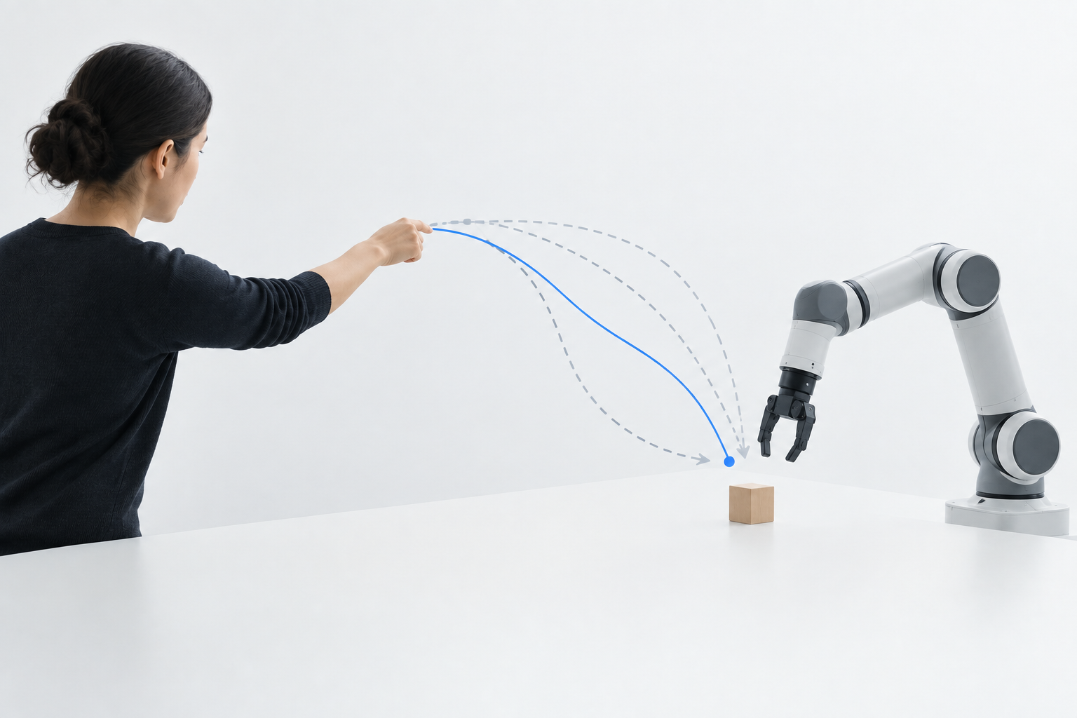 G1 – robot learning Woman and robot arm doing experiment.