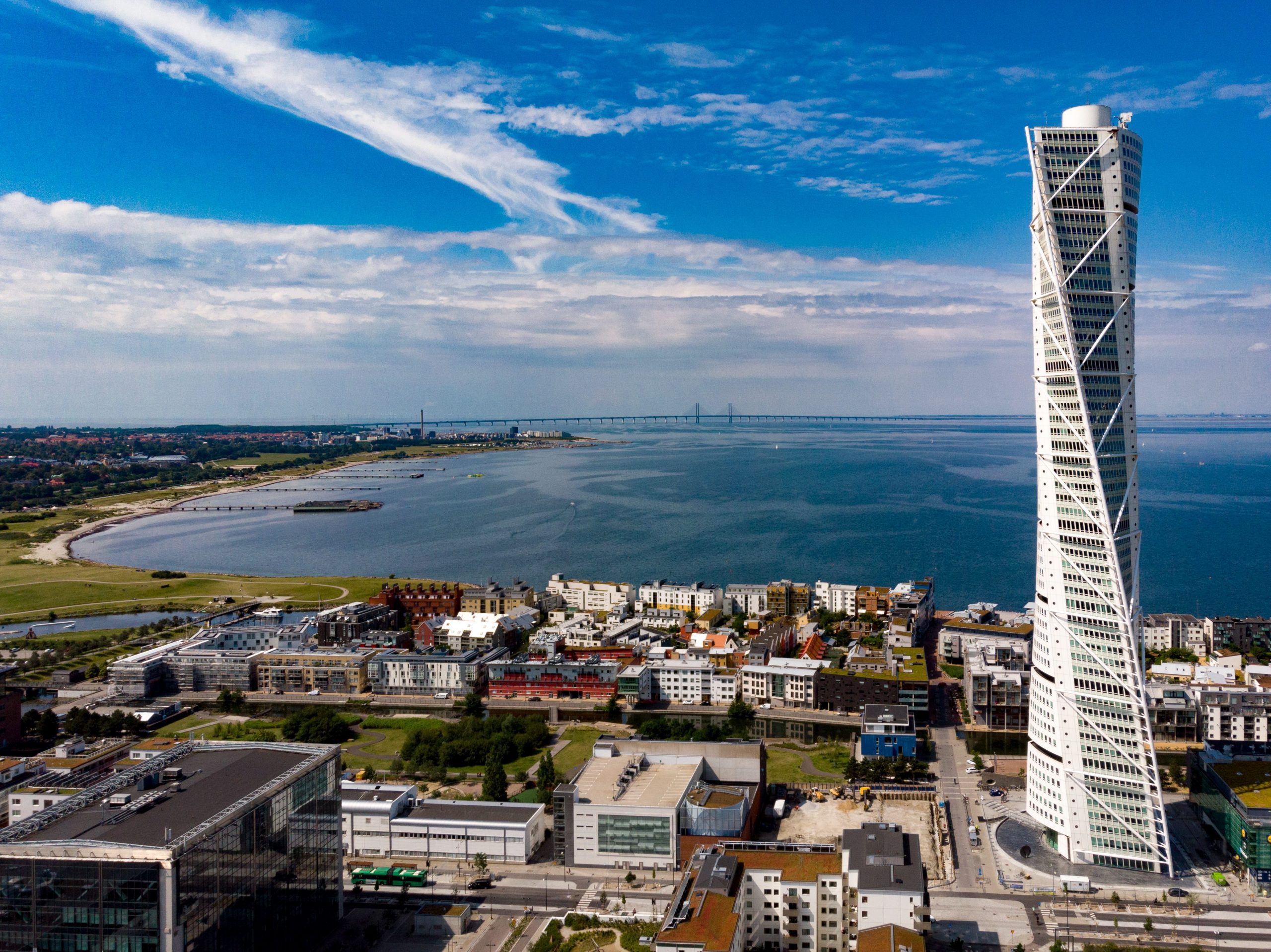 Panoramic view of the building Turning torso in Malmö.