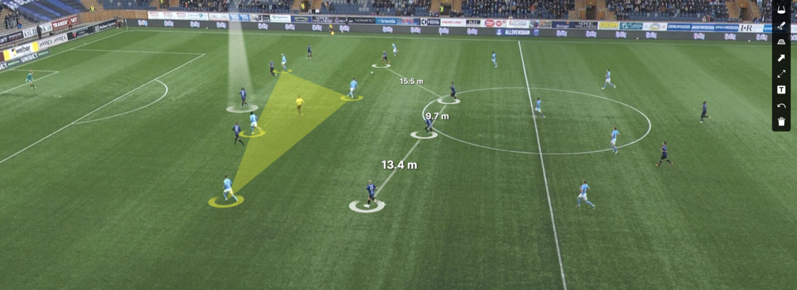 A view of a football field with distance indicators
